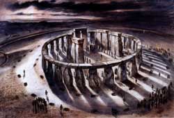 Reconstruction drawing of Stonehenge as it might have appeared in 1000BC by Sorrell - Copyright English Heritage