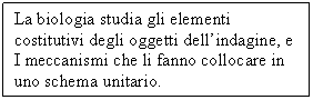 Text Box: La biologia studia gli elementi costitutivi degli oggetti dell'indagine, e I meccanismi che li fanno collocare in uno schema unitario.