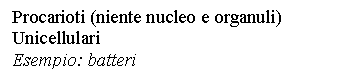 Text Box: Procarioti (niente nucleo e organuli) 
Unicellulari
Esempio: <a href=