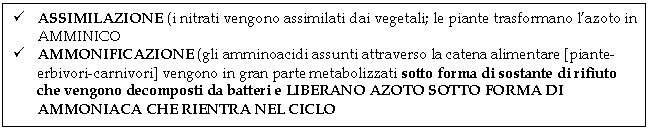 Text Box:  ASSIMILAZIONE (i nitrati vengono assimilati dai vegetali; le piante trasformano l'azoto in AMMINICO
 AMMONIFICAZIONE (gli amminoacidi assunti attraverso la catena alimentare [piante-erbivori-carnivori] vengono in gran parte metabolizzati sotto forma di sostante di rifiuto che vengono decomposti da batteri e LIBERANO AZOTO SOTTO FORMA DI AMMONIACA CHE RIENTRA NEL CICLO
