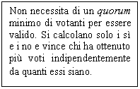 Text Box: Non necessita di un quorum minimo di votanti per essere valido. Si calcolano solo i sì e i no e vince chi ha ottenuto più voti indipendentemente da quanti essi siano.