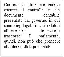 Text Box: Con questo atto il parlamento esercita il controllo su un documento contabile presentato dal governo, in cui sono riepilogati i dati relativi all'esercizio finanziario trascorso. Il parlamento, quindi, non può che prendere atto dei risultati presentati.