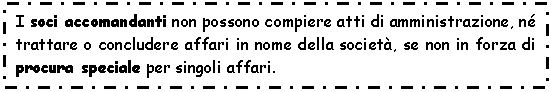 Text Box: I soci accomandanti non possono compiere atti di amministrazione, n trattare o concludere affari in nome della societ, se non in forza di procura speciale per singoli affari.