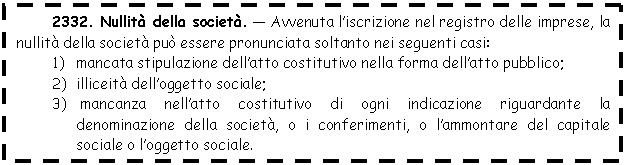 Text Box: 2332. Nullità della società. - Avvenuta l'iscrizione nel registro delle imprese, la nullità della società può essere pronunciata soltanto nei seguenti casi:
1) mancata stipulazione dell'atto costitutivo nella forma dell'atto pubblico;
2) illiceità dell'oggetto sociale;
3) mancanza nell'atto costitutivo di ogni indicazione riguardante la denominazione della società, o i conferimenti, o l'ammontare del capitale sociale o l'oggetto sociale.
