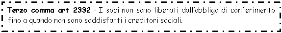 Text Box: Terzo comma art 2332 - I soci non sono liberati dall'obbligo di conferimento fino a quando non sono soddisfatti i creditori sociali.