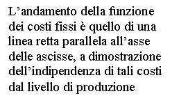 Text Box: L'andamento della funzione dei costi fissi è quello di una linea retta parallela all'asse delle ascisse, a dimostrazione dell'indipendenza di tali costi dal livello di produzione