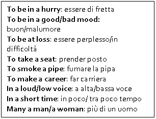 Text Box: To be in a hurry: essere di fretta
To be in a good/bad mood: buon/malumore
To be at loss: essere perplesso/in difficoltà
To take a seat: prender posto
To smoke a pipe: fumare la pipa
To make a career: far carriera
In a loud/low voice: a alta/bassa voce
In a short time: in poco/ tra poco tempo
Many a man/a woman: più di un uomo
