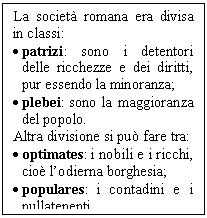 Text Box: La società romana era divisa in classi:
.	patrizi: sono i detentori delle ricchezze e dei diritti, pur essendo la minoranza;
.	plebei: sono la maggioranza del popolo.
Altra divisione si può fare tra:
.	optimates: i nobili e i ricchi, cioè l'odierna borghesia;
.	populares: i contadini e i nullatenenti
