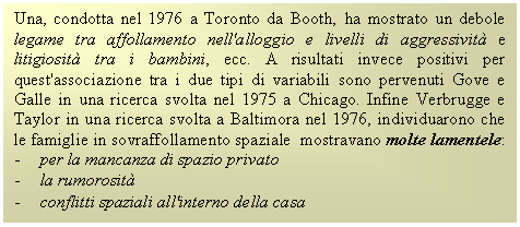 Text Box: Una, condotta nel 1976 a Toronto da Booth, ha mostrato un debole legame tra affollamento nell'alloggio e livelli di aggressività e litigiosità tra i bambini, ecc. A risultati invece positivi per quest'associazione tra i due tipi di variabili sono pervenuti Gove e Galle in una ricerca svolta nel 1975 a Chicago. Infine Verbrugge e Taylor in una ricerca svolta a Baltimora nel 1976, individuarono che le famiglie in sovraffollamento spaziale mostravano molte lamentele:
- per la mancanza di spazio privato
- la rumorosità
- conflitti spaziali all'interno della casa
