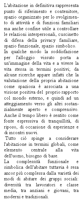 Text Box: L'abitazione in definitiva rappresenta punto di riferimento e contenitore, spazio organizzato per lo svolgimen-to di attività e di funzioni familiari ma anche confine utile a controllare le relazioni interpersonali, cuscinetto di difesa della privacy familiare, spazio funzionale, spazio simbolico.
In qualche modo la soddisfazione per l'alloggio vissuto porta a un'immagine della vita e a vivere la vita stessa in termini positivi; da alcune ricerche appare infatti che <a href=