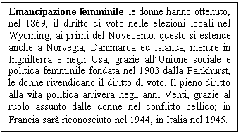 Text Box: Emancipazione femminile: le donne hanno ottenuto, nel 1869, il diritto di voto nelle elezioni locali nel Wyoming; ai primi del Novecento, questo si estende anche a Norvegia, Danimarca ed Islanda, mentre in Inghilterra e negli Usa, grazie all'Unione sociale e politica femminile fondata nel 1903 dalla Pankhurst, le donne rivendicano il diritto di voto. Il pieno diritto alla vita politica arriverà negli anni Venti, grazie al ruolo assunto dalle donne nel conflitto bellico; in Francia sarà riconosciuto nel 1944, in Italia nel 1945.