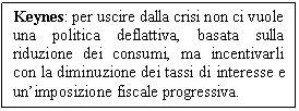 Text Box: Keynes: per uscire dalla crisi non ci vuole una politica deflattiva, basata sulla riduzione dei consumi, ma incentivarli con la diminuzione dei tassi di interesse e un'imposizione fiscale progressiva.