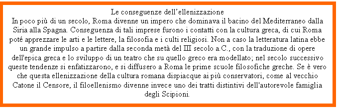 Text Box: Le conseguenze dell'ellenizzazione
In poco più di un secolo, Roma divenne un impero che dominava il bacino del Mediterraneo dalla Siria alla Sna. Conseguenza di tali imprese furono i contatti con la cultura greca, di cui Roma pot apprezzare le arti e le lettere, la filosofia e i culti religiosi. Non a caso la <a href=