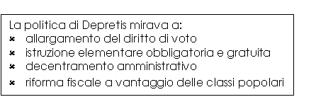 Line Callout 2: La politica di Depretis mirava a:
û allargamento del diritto di voto
û istruzione elementare obbligatoria e gratuita
û decentramento amministrativo
û riforma fiscale a vantaggio delle classi popolari
